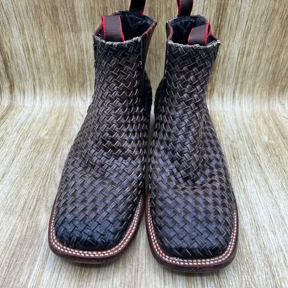 Rock'em Woven Leather Western Chelsea Boots Men's Size 8 Brown Square Toe Shoes